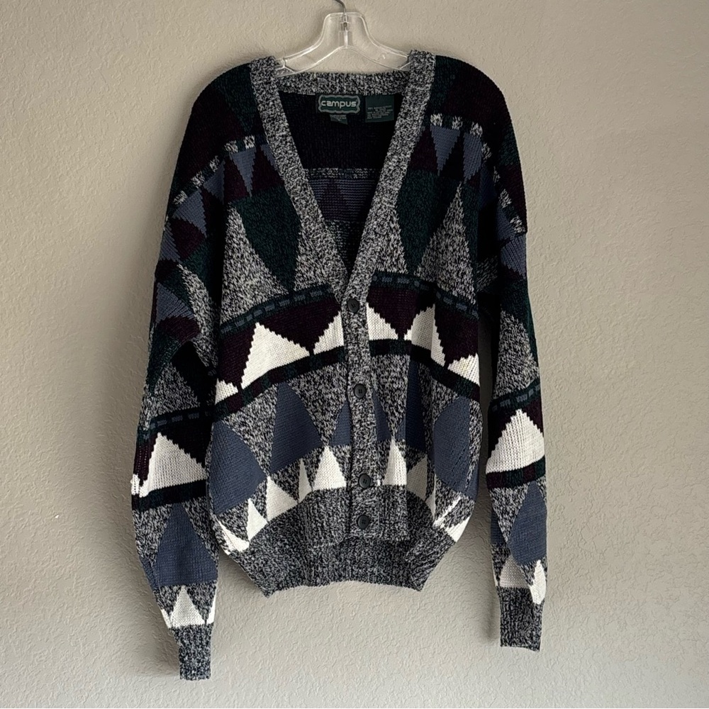 Campus Men's Geometric V-neck Cardigan Sweater L